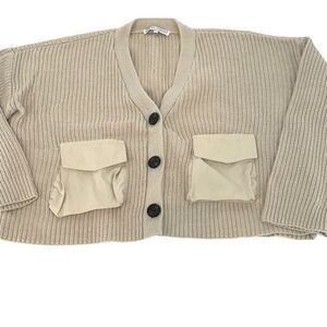 English Factory Womens Cardigan Sweater‎ Crop Long Sleeve Acrylic Beige Large